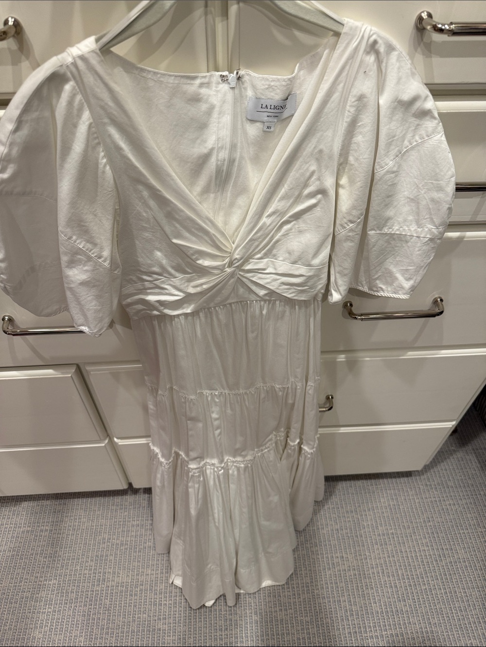 La Ligne Cream Twist-Front Midi Dress with Puff Sleeves